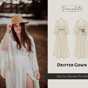 Drifter Gown Pattern. PDF sewing pattern and tutorial. Printable and projector. Ladies boho maternity photoshoot prop dress pattern.