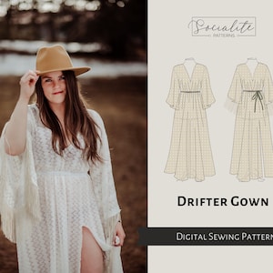 Drifter Gown Pattern. PDF sewing pattern and tutorial. Printable and projector. Ladies boho maternity photoshoot prop dress pattern.