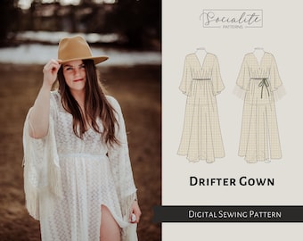 Drifter Gown Pattern. PDF sewing pattern and tutorial. Printable and projector. Ladies boho maternity photoshoot prop dress pattern.