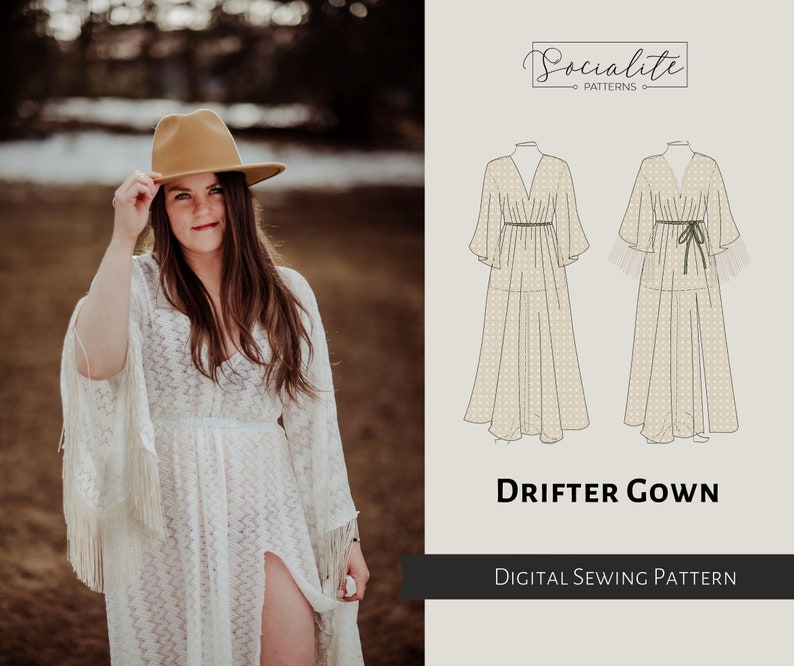 Drifter Gown Pattern. PDF sewing pattern and tutorial. Printable and projector. Ladies boho maternity photoshoot prop dress pattern. 