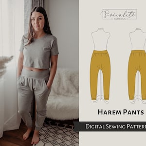 Harem Pants Pattern. Women's PDF printable and projector sewing pattern and tutorial. Lounge yoga pants pattern.