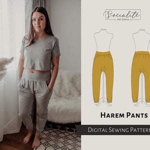 Harem Pants Pattern. Women's PDF printable and projector sewing pattern and tutorial. Lounge yoga pants pattern.