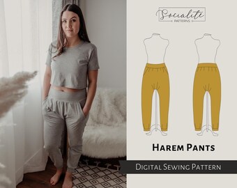 Harem Pants Pattern. Women's PDF printable and projector sewing pattern and tutorial. Lounge yoga pants pattern.