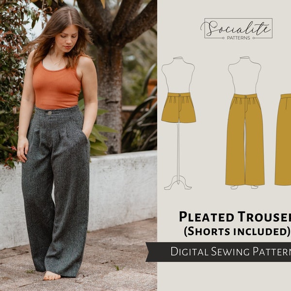 Pleated Trouser and Shorts Pattern. Women's PDF printable and projector sewing pattern and tutorial. Wide leg pants pattern.