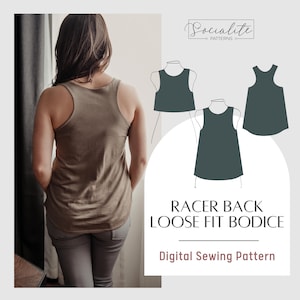 Puede incluir: Un patrón de costura digital para un corpiño suelto con espalda de nadador. El patrón incluye tres vistas diferentes: un top corto, un top más largo y un vestido. El patrón está disponible en color verde oscuro.