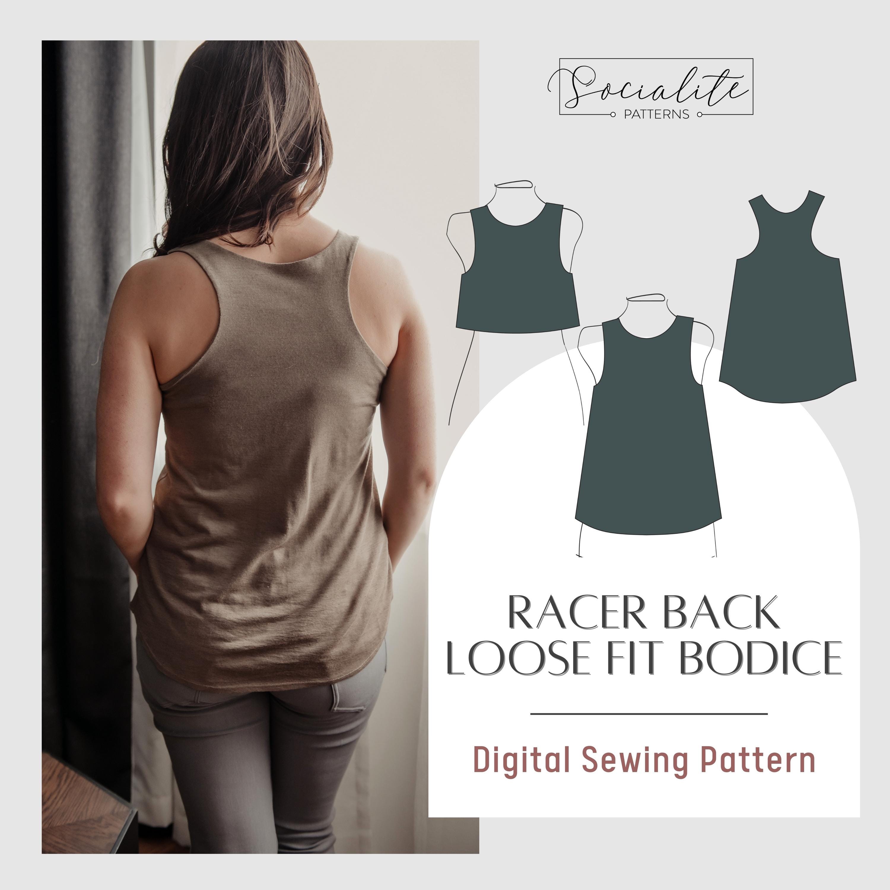 Modello di corpetto con schiena scoperta e vestibilità ampia. Modello di cucito e tutorial per donna in formato PDF stampabile e con proiettore. Modello di canotta.