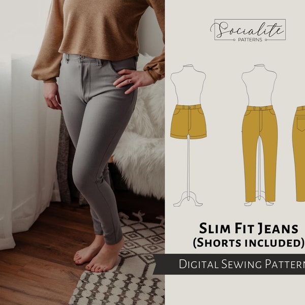 Slim Fit Jeans und Shorts Muster. Frauen PDF Printable und Beamer Schnittmuster und Tutorial. Skinny Jeans Muster.