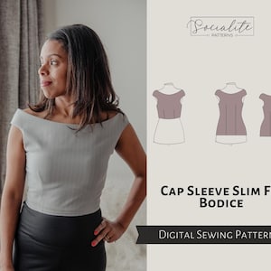 Cap Sleeve Slim Bodice Pattern. Women's PDF printable and projector sewing pattern and tutorial. Off shoulder bodice pattern.