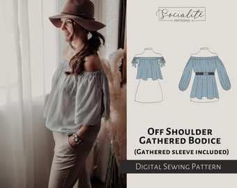 Off Shoulder Gathered Bodice Pattern. Women's PDF printable and projector sewing pattern and tutorial. Summer shirt.