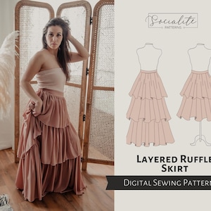Layered Ruffle Skirt Pattern. Women's PDF printable and projector sewing pattern and tutorial. Formal skirt pattern.