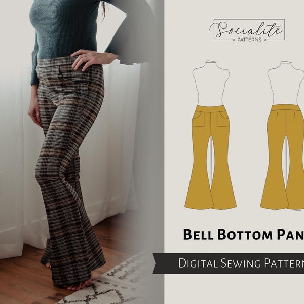 Modèle de pantalon à bas de cloche. Patron et tutoriel de couture PDF imprimable et projecteur pour femmes. Modèle de pantalon disco.