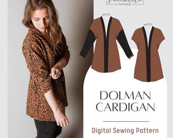 Dolman Cardigan Pattern. Women&#39;s PDF printable and projector sewing patterns and tutorial. Digital sweater pattern.