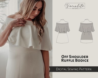 Off Shoulder Ruffle Bodice Pattern. Women's PDF printable and projector sewing pattern and tutorial. Wedding dress pattern.