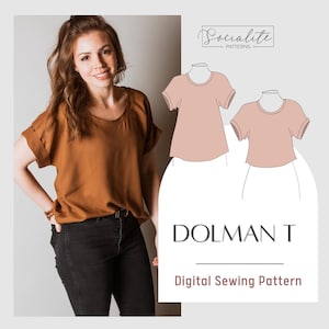 Losvallend Dolman-shirtpatroon. Afdrukbaar pdf-bestand en naaipatroon en tutorial voor projector. Digitaal naaipatroon voor T-shirts.