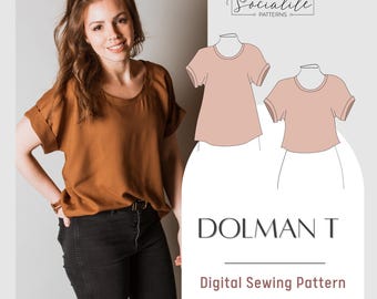 Cartamodello per camicia Dolman Loose Fit. Cartamodello e tutorial per cucire in PDF, stampabile e proiettabile. Cartamodello digitale per cucire una maglietta.