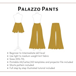Palazzo Pants and Shorts Pattern. Women's PDF printable and projector sewing pattern and tutorial. Lounge pants pattern. image 2