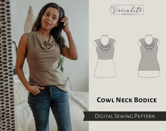 Cowl Neck Bodice Pattern. Women's PDF printable and projector sewing pattern and tutorial. Wide neck bodice.