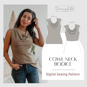 Cowl Neck Bodice Pattern. Women&#39;s PDF printable and projector sewing pattern and tutorial. Wide neck bodice.
