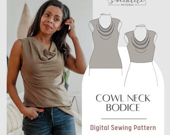 Cowl Neck Bodice Pattern. Women&#39;s PDF printable and projector sewing pattern and tutorial. Wide neck bodice.