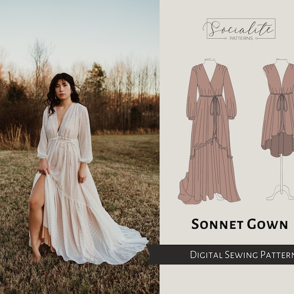 Modèle de robe Sonnet. Patron et tutoriel de couture PDF imprimable et projecteur. Robe de séance photo. Modèle de robe pour femme.