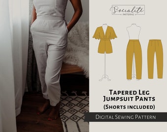 Tapered Leg Jumpsuit Pants and Shorts Pattern. Women's PDF printable and projector sewing pattern and tutorial. Romper pattern.