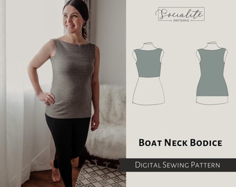 Boat Neck Bodice Pattern. PDF printable and projector sewing pattern and tutorial. Digital women's shirt pattern.