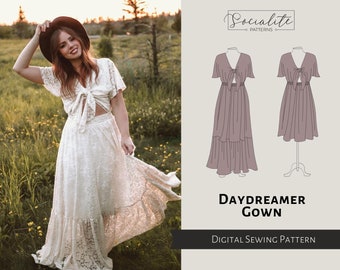 Daydreamer Gown Pattern. PDF sewing pattern and tutorial. Digital Printable and projector sewing. Boho photoshoot dress pattern.