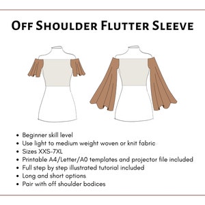 Off Shoulder Flutter Sleeve Pattern. PDF printable and projector sewing pattern and tutorial. Digital sleeve pattern. image 2