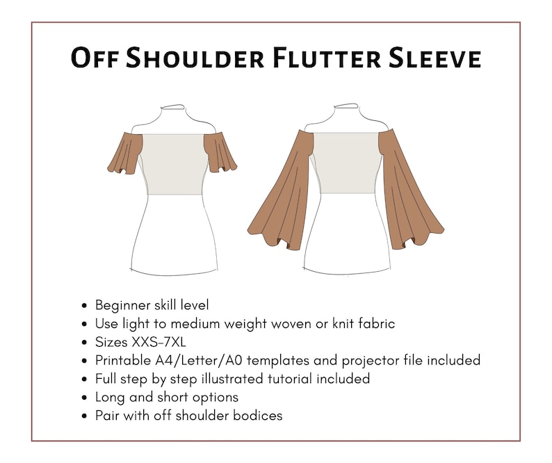 Off Shoulder Flutter Sleeve Pattern. PDF printable and projector sewing pattern and tutorial. Digital sleeve pattern. image 2