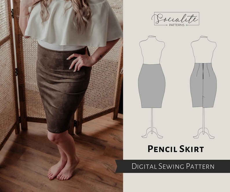 Pencil Skirt Pattern. Women's PDF printable and projector sewing pattern and tutorial. Formal skirt pattern. 画像 1