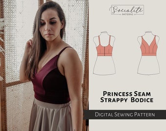 Princess Seam Strappy Bodice Pattern. Women's PDF printable and projector sewing pattern and tutorial. Wedding dress pattern.