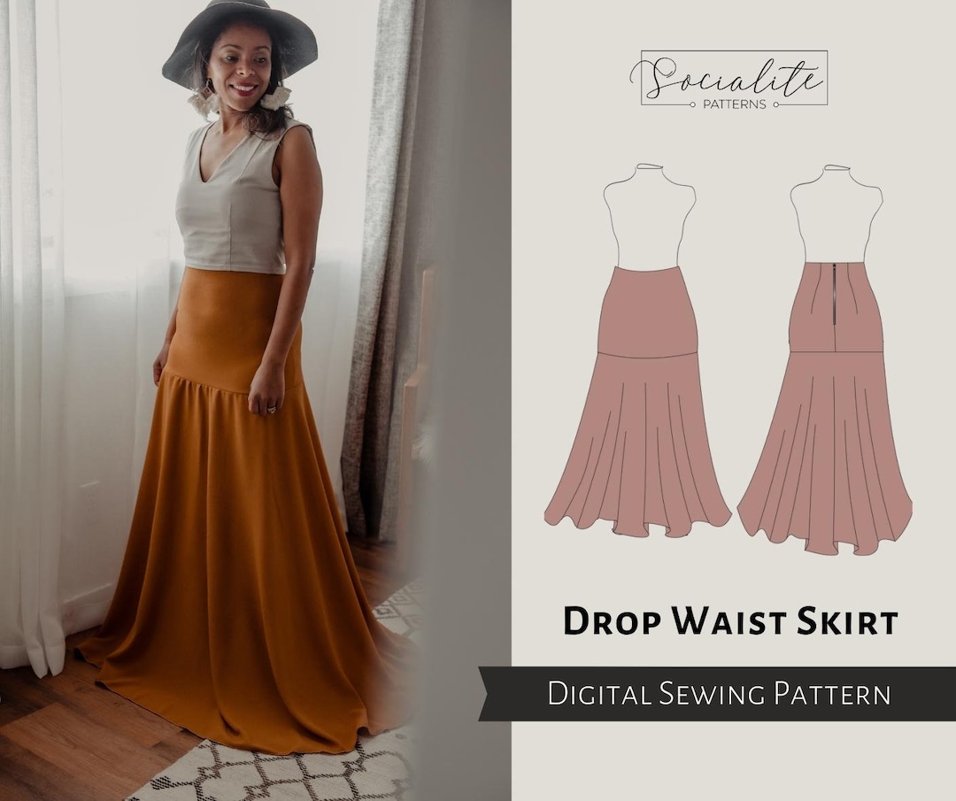 Drop Waist Skirt Pattern. Women's PDF Printable and Projector Sewing