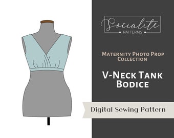 Patrón y tutorial en PDF del cuerpo sin mangas de maternidad con cuello en V. Patrón de costura. Vestido de maternidad. Para tejidos de punto.