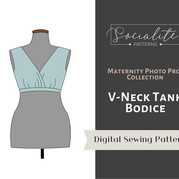 Maternity V-neck tank Bodice PDF pattern and tutorial. Sewing pattern. Maternity gown. For knit fabrics.