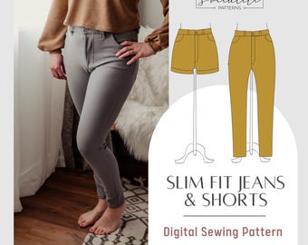 Slim Fit Jeans & Shorts Sewing Pattern, Women's Sizes XXS-7XL (PDF)