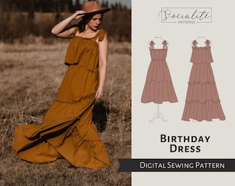 Birthday Dress digital pattern. Women's PDF printable and projector sewing pattern and tutorial. Summer dress pattern.