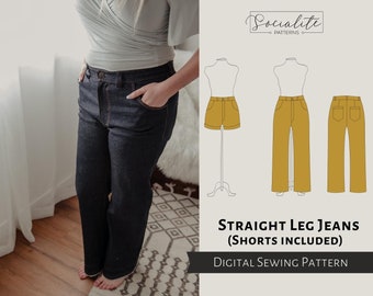 Straight Leg Jeans and Shorts Pattern. Women's PDF printable and projector sewing pattern and tutorial. Wide leg jeans.