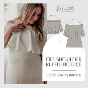 Off Shoulder Ruffle Bodice Pattern. Women&#39;s PDF printable and projector sewing pattern and tutorial. Wedding dress pattern.