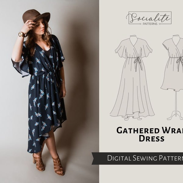 Gathered Wrap Dress Pattern. PDF sewing pattern and tutorial. Printable and projector. Women's boho dress pattern.