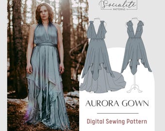 Aurora Gown Pattern. PDF digital sewing pattern and tutorial. Women&#39;s printable and projector dress pattern. Photo prop dress.