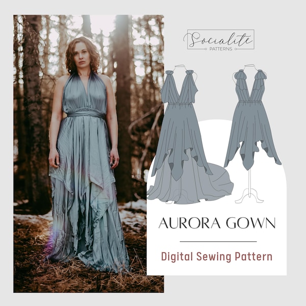 Aurora Kleider Schnittmuster. PDF digitales Schnittmuster und Nähanleitung. Damenschnittmuster zum ausdrucken und ausdrucken. Fotorequisite Kleid.