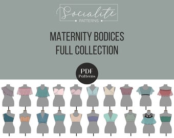 Puede incluir: Una colección de 24 patrones de costura PDF para corsés de maternidad. Los patrones se muestran en maniquíes que llevan diferentes estilos de tops, incluyendo estilos de hombros descubiertos, halter y envolventes. Los patrones están disponibles en una variedad de colores, incluyendo rosa, azul, verde y morado.