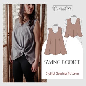 May include: A digital sewing pattern for a sleeveless swing bodice top. The pattern is shown in a light brown color. The text "Socialite Patterns" and "Swing Bodice" is visible in the image. The text "Digital Sewing Pattern" is also visible in the image.