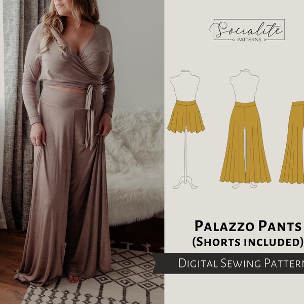 Palazzo Pants and Shorts Pattern. Women's PDF printable and projector sewing pattern and tutorial. Lounge pants pattern.