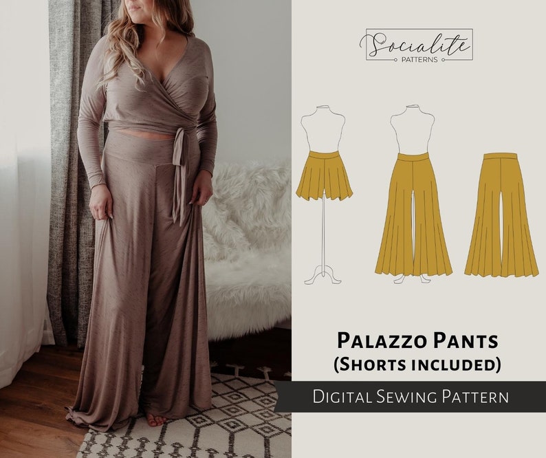 Palazzo Pants and Shorts Pattern. Women's PDF printable and projector sewing pattern and tutorial. Lounge pants pattern. image 1