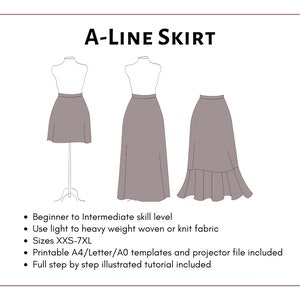 A-line Skirt Pattern. Women's PDF Printable and Projector Mix and Match ...