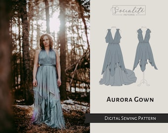 Aurora Kleider Schnittmuster. PDF digitales Schnittmuster und Nähanleitung. Damenschnittmuster zum ausdrucken und ausdrucken. Fotorequisite Kleid.