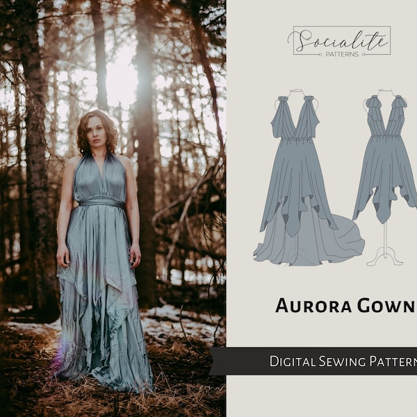 Aurora Kleider Schnittmuster. PDF digitales Schnittmuster und Nähanleitung. Damenschnittmuster zum ausdrucken und ausdrucken. Fotorequisite Kleid.