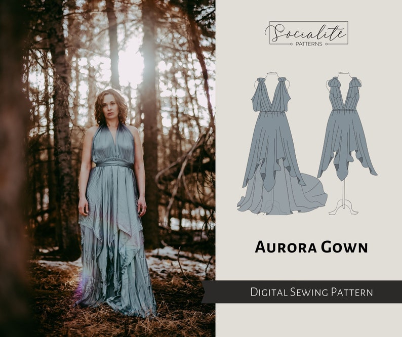 Aurora Gown Pattern. PDF digital sewing pattern and tutorial. Women's printable and projector dress pattern. Photo prop dress. image 1