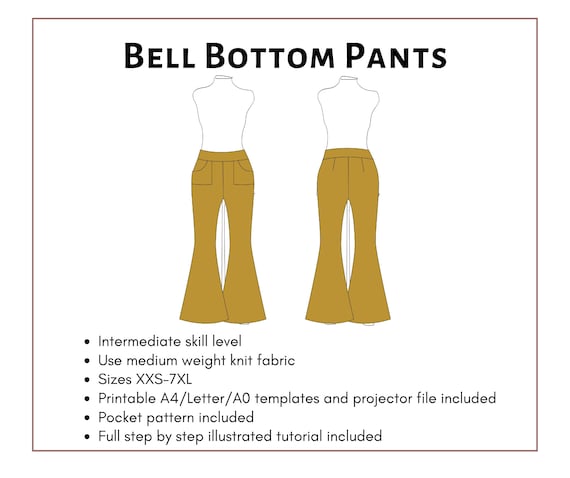 Bell Bottom Pants Pattern. Women's PDF Printable and Projector
